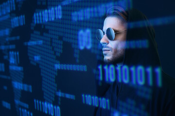 Beautiful stylish man on dark virtual reality background. Cryptocurrency, finance, future technology, innovative ideas concept. Futuristic holographic interface to display data.