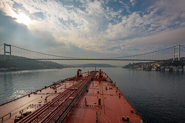 A super tanker approaching to Bosphorus bridge