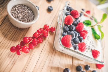 Portion of yogurt with berries serving in glass bowl.