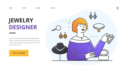 Website design for a landing page for a jewellery designer holding up a bracelet in a store with displays of gemstones, earrings and necklaces, colored vector illustration