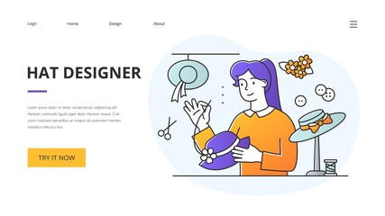 Hatter or hat designer website landing page template showing a young woman sewing and designing fashion hats in her workshop or store, colored vector illustration