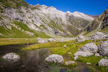 Lake surrounded by grass, rocks and high mountains in summertime