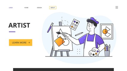 Artist website landing page with man painting on an easel using geometric shapes in a creativity concept with text and copyspace, flat minimal style colored vector illustration
