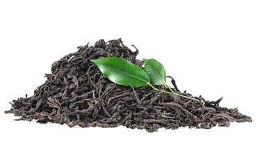 Pile of dry black tea and green tea leaves on a white background
