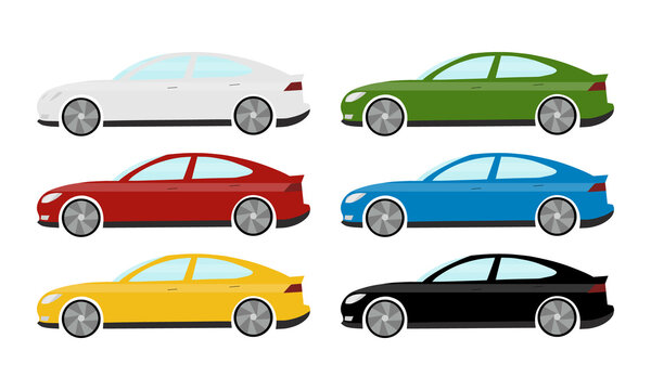 Car side view vector flat illustration. Modern city auto vehicle profile. Electric Petrol or gasoline car models. 4-door sedan for couple or family usage