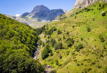 Beautiful spring landscape with green meadows, forests, a river and mountains in the background, under a blue sky