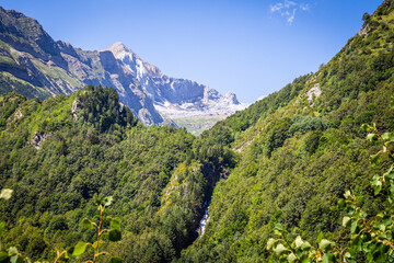Beautiful spring scenery with green meadows, forests and mountains in the background