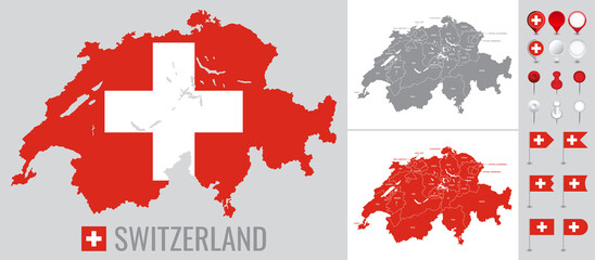 Switzerland vector map with flag, globe and icons on white background