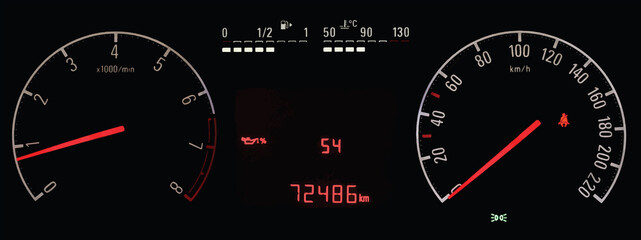 Oil life percentage display on car dashboard panel. Engine oil life monitor. Oil degradation indicator. Car instrument panel with speedometer, tachometer, odometer, car temperature and fuel gauge. 