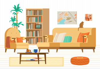 Cozy Living Room Interior Flat Vector Illustration. Couch, Bookcase, Armchair, Coffee Table, Abstract Paintings, Decoration Elements.