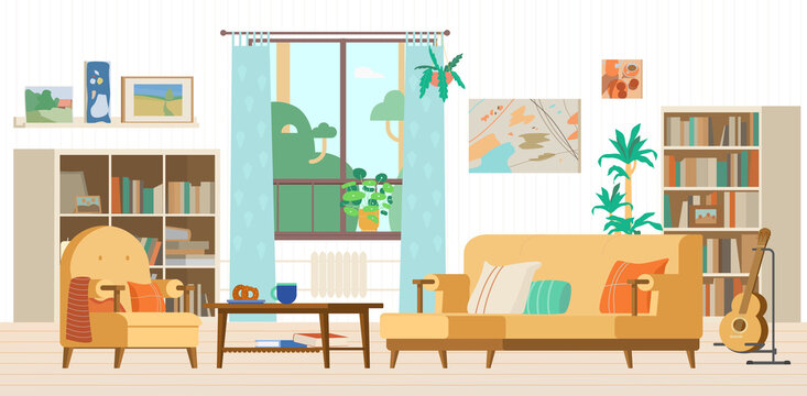 Cozy Living Room Interior Flat Vector Illustration. Couch, Bookcases, Armchair, Window, Guitar On A Stand, Coffee Table, Abstract Paintings, Decoration Elements.