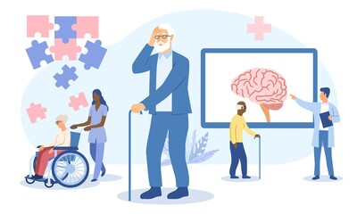 Concept of Alzheimers disease in the elderly with carers, a man suffering from dementia and a medical practitioner giving a lecture on the brain, flat cartoon colored vector illustration