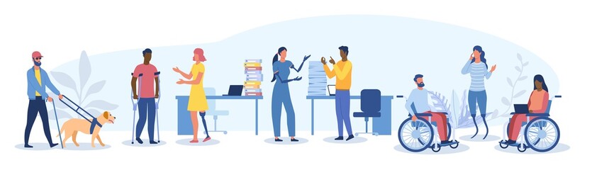 Large set of disabled people in the workplace with a blind man and dog, girl with prosthetics and wheel chair users, flat cartoon colored vector illustration
