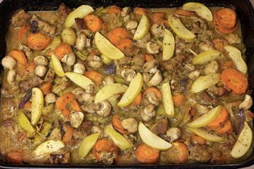 Somerset Pork Casserole. An English Dish Made With Pork, Apple And Vegetables Cooked In Cider