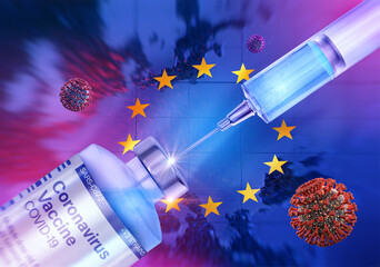 COVID-19 coronavirus vaccine vial, injection drug dose ampoule and vaccine syringe on 3D Europa map background. Coronavirus ncov-2019 virus EU vaccine development, immunization, vaccination, treatment