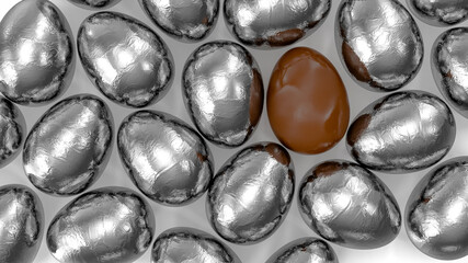 Chocolate Easter eggs in silver foil on white background.  3d Illustration