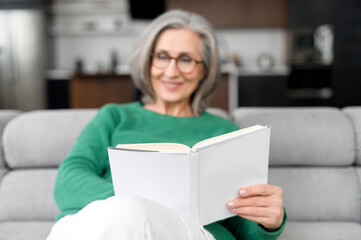 Thoughtful happy mid-aged senior woman in glasses and green jumper sitting on the couch, resting and holding a book in a white cover, reading favorite literature, spending leisure time in the house