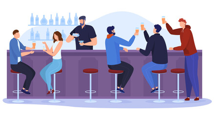 Company of people celebrating at the bar. Bar with bartender. Night spending time with friends. Colorful vector illustration in flat cartoon style.