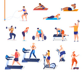 Fototapeta na wymiar Men and women play sports in the gym. Gymnastics, exercise machines, weightlifting. Keeping the body in good physical shape. Colorful vector illustration in flat cartoon style.