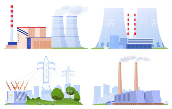 Set of power plants of different types. Nuclear energy, thermal power plant. Electricity supply. Vector illustration in cartoon style