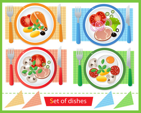 Color image of portion lunch or dinner on white background. Food and meals. Dishes and crockery. Vector illustration set  kids.