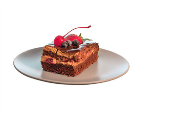 slice of delicious homemade cake on a plate isolated on white background