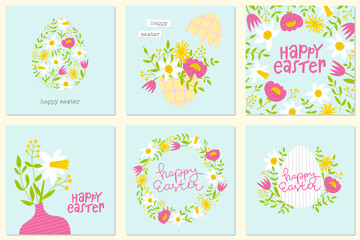 Easter floral greeting card set. Light cute compositions with leaves, tulips, peony, daisies and daffodils. Modern elegant spring concept with lettering for poster or card.