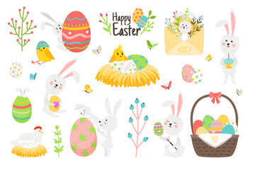 Elements of happy easter set. Cartoon cute rabbits and funny chickens, holiday postcard and blossom branches, vector illustration of decorative bunnies and colorful eggs