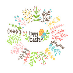 Fototapeta na wymiar Easter wreath. Cartoon blossom colored branches around holiday logo with eggs, cute elements of spring day, vector illustration of beautiful decoration isolated on white background