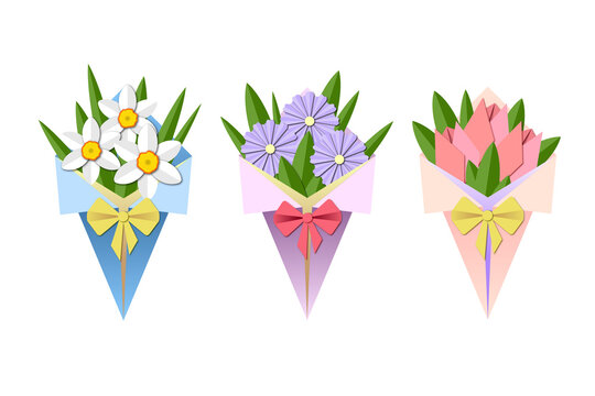 Vector set of illustrations. Bouquet for women in cut paper style.  March 8
