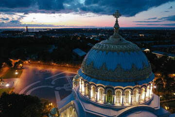 Aerial view of the Naval Cathedral of Nicholas the Wonderworker in Kronstadt at night. Kotlin Island. Detail of the southern facade. Marine anchor. Summer.