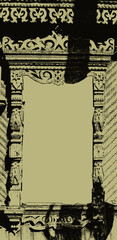 Ornament in the form of carved pillars on the windows, the bottom of the window is decorated with crescents, stylized birds
