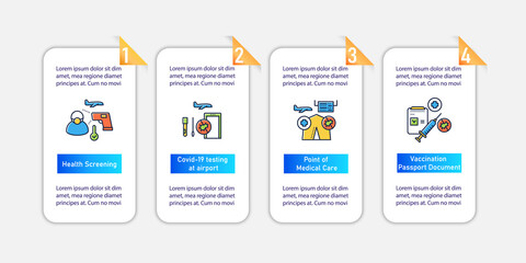 Airport new normal vector infographics. Safe flight rules template design elements. Health care presentation with 4 steps. Protection against covid19 layout, info chart, banner