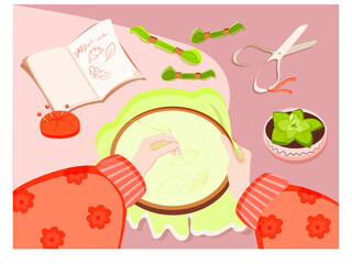 Female hobby concept. Needlework. Hands on the table with embroidery. Elements for creativity. Women. Hobby. Skeins of thread, pins, a sketch pad and a flower in a pot. Vector in flat style.