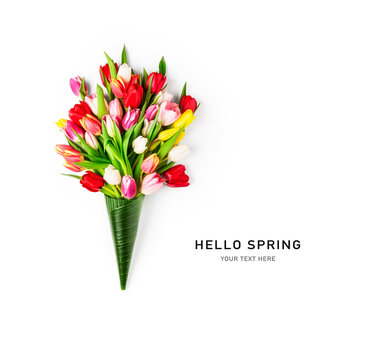 Creative layout of beautiful tulip flowers in leaf cone. Hello spring concept