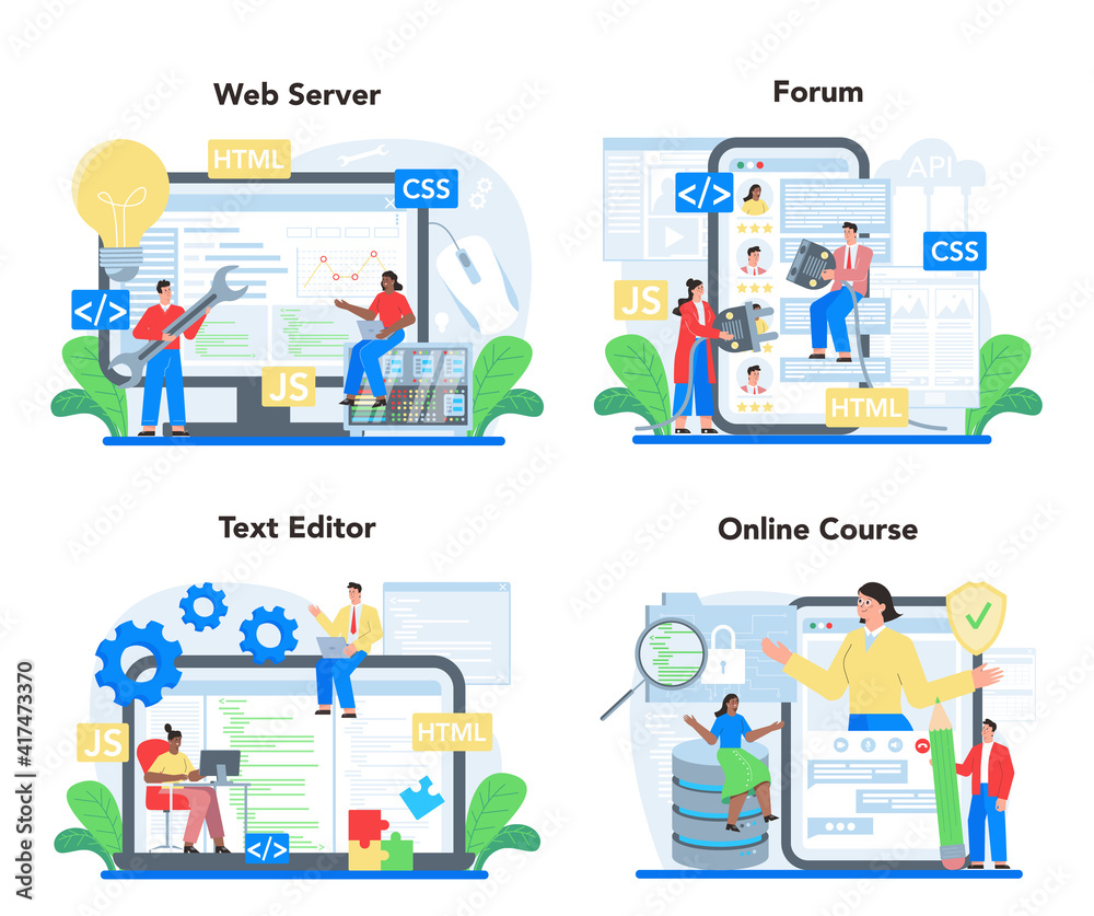 Sticker back end development online service or platform set. software development