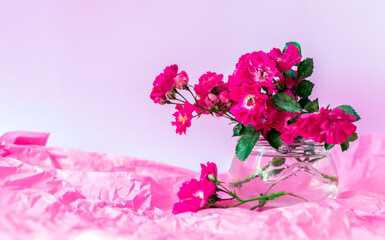Pink flowers in a vase on a pink background. Mothers day, Valentines Day, Birthday celebration concept. Greeting card. Copy space for text, top view