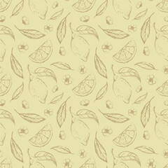 Hand draw lemon seamless pattern background wallpaper. Cute seamless pattern with lemons. Vector seamless pattern with lemon, leaves and flower. Citrus line seamless background.