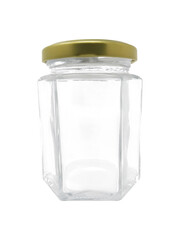 Frasco de vidrio transparente forma hexagonal, capacidad 190 ml, 6.5 oz, con tapa twist off color dorada