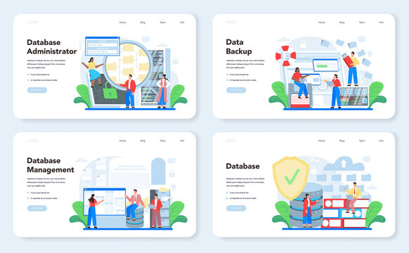 Data base administrator web banner or landing page set. Admin or manager working