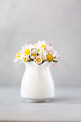 Daisy flowers in a vase on gray background with copy space. minimalist style. Spring holidays concept. Banner. Soft focus