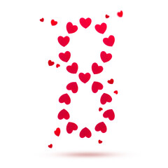 Red hearts made of felt figure eight flying isolated on white.Creative 8th March concept,International Women's Day greeting card.Concept levitation.