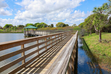 Obraz premium Scenic view of Wakodahatchee Wetlands Park, located in Delray Beach, Florida. The park was constructed on 50 acres of unused utility land and is now part of the Great Florida Birding Trail.