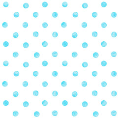 Polka dot blue teal watercolor seamless pattern. Abstract watercolour color circles on white background