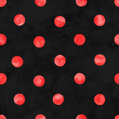 Polka dot watercolor seamless pattern. Abstract watercolour red color circles on black background