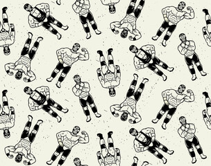 Seamless Pattern with Lucha Libre Characters. Mexican Wrestler Fighters in Mask. Vector Illustration. - 417475366