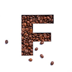 Letter F of English alphabet made of coffee beans and paper cut isolated on white