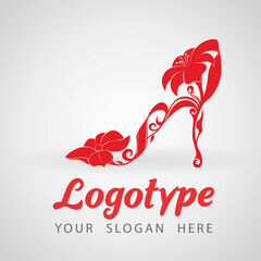 Red high heel shoes with flowers. Dress shoes, floral pattern. Isolated on a white background - vector.  Boutique Decoration. Fashion Emblem. Shopping concept. Fashion Beautiful red shoe logo.