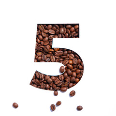 Number five made of roasted coffee beans and paper cut in shape of fifth numeral isolated on white....