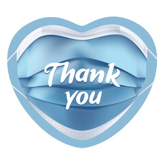 Thank you gratitude to medical workers - sticker or badge design, blue face mask in the form of a heart and text lettering. Thank you Doctors and Nurses vector poster. 